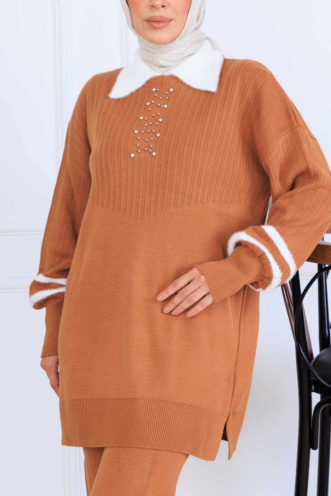 BNG Women Taş İşlemeli Triko Takım S1009 Taba - Goose Creek