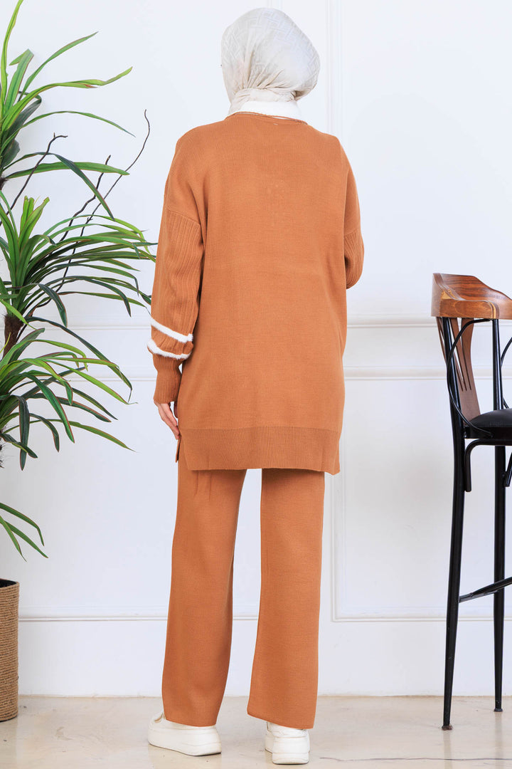 BNG Women Taş İşlemeli Triko Takım S1009 Taba - Goose Creek