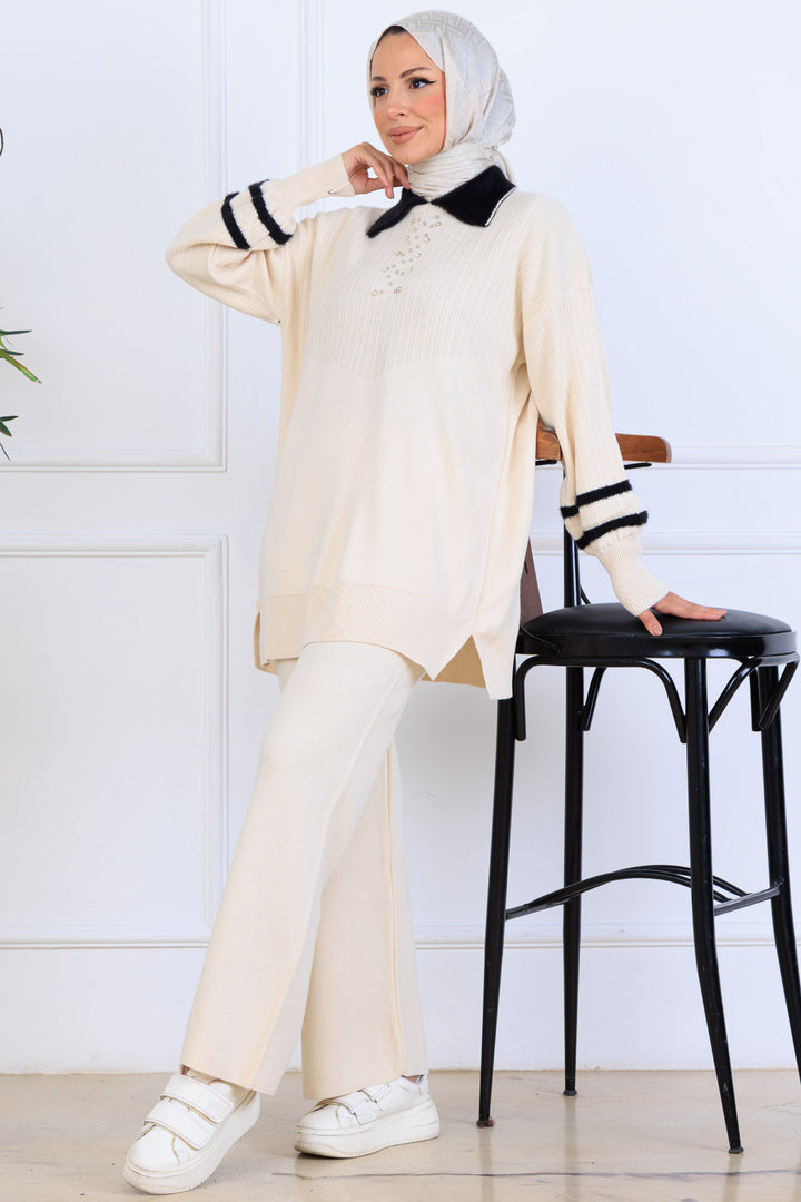 BNG Women Taş İşlemeli Triko Takım S1009 Taş Rengi - Vale de Cavalos