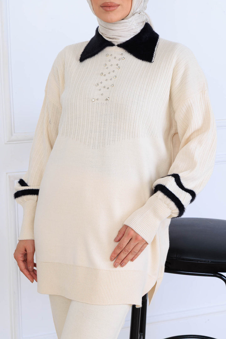 BNG Women Taş İşlemeli Triko Takım S1009 Taş Rengi - Vale de Cavalos