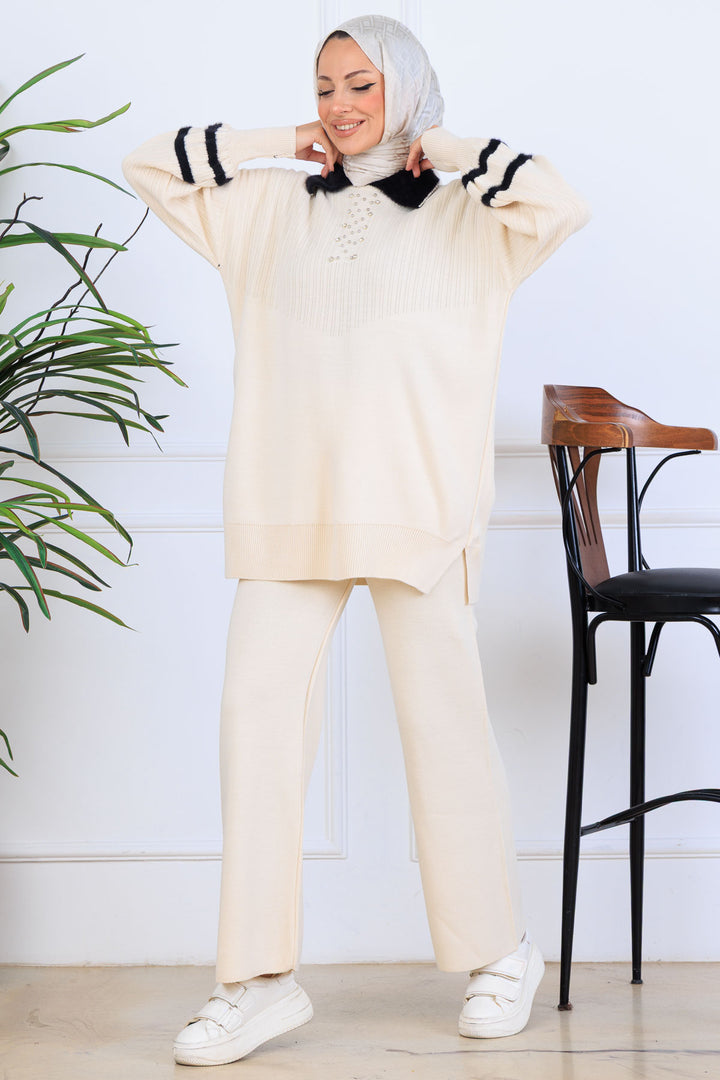 BNG Women Taş İşlemeli Triko Takım S1009 Taş Rengi - Vale de Cavalos