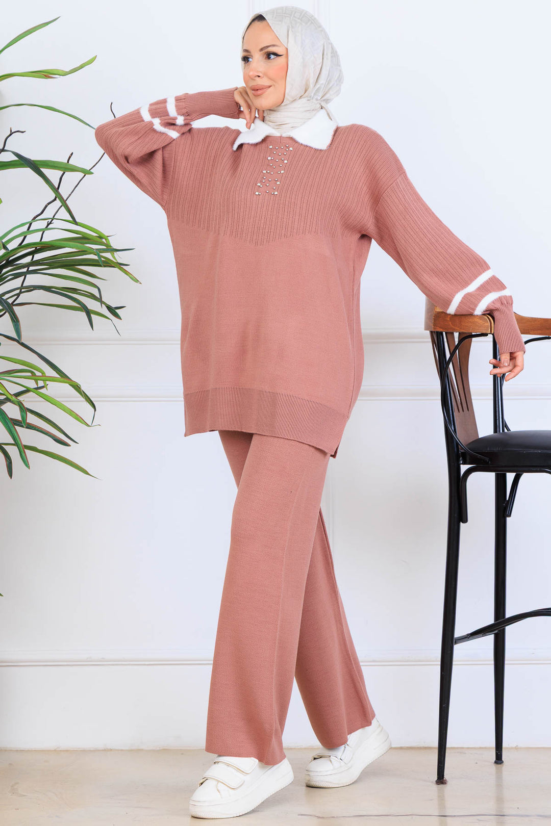 BNG Women Taş İşlemeli Triko Takım S1009 Gül - Treviso