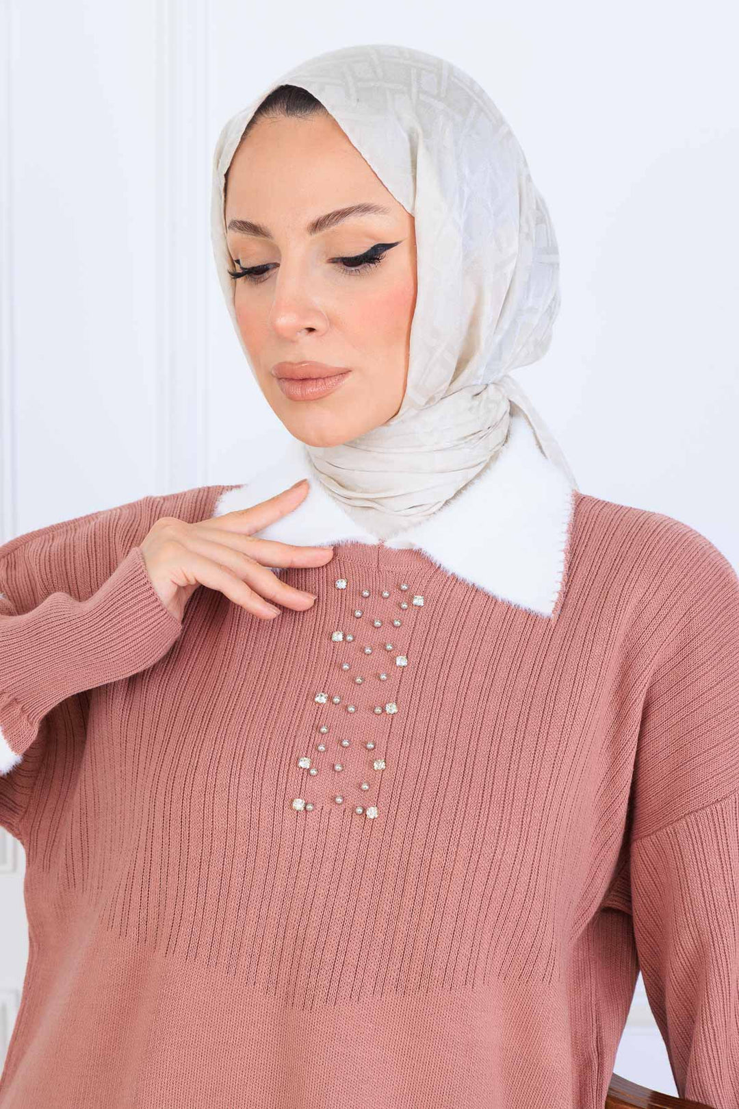 BNG Women Taş İşlemeli Triko Takım S1009 Gül - Treviso