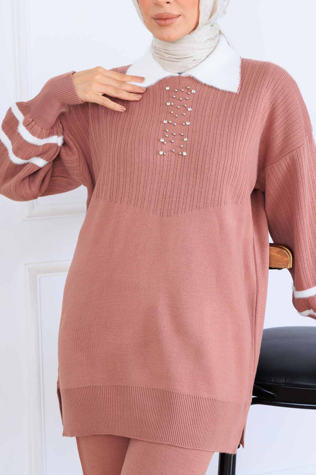 BNG Women Taş İşlemeli Triko Takım S1009 Gül - Treviso