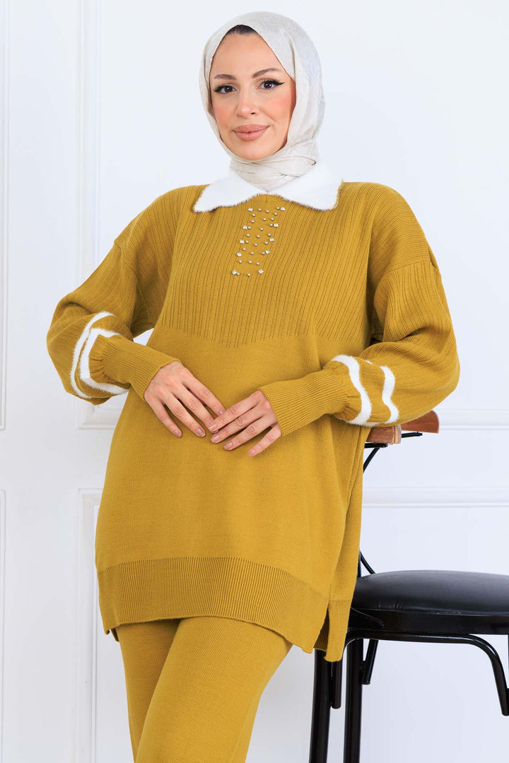 BNG Women Taş İşlemeli Triko Takım S1009 Yağ Yeşili - Garland