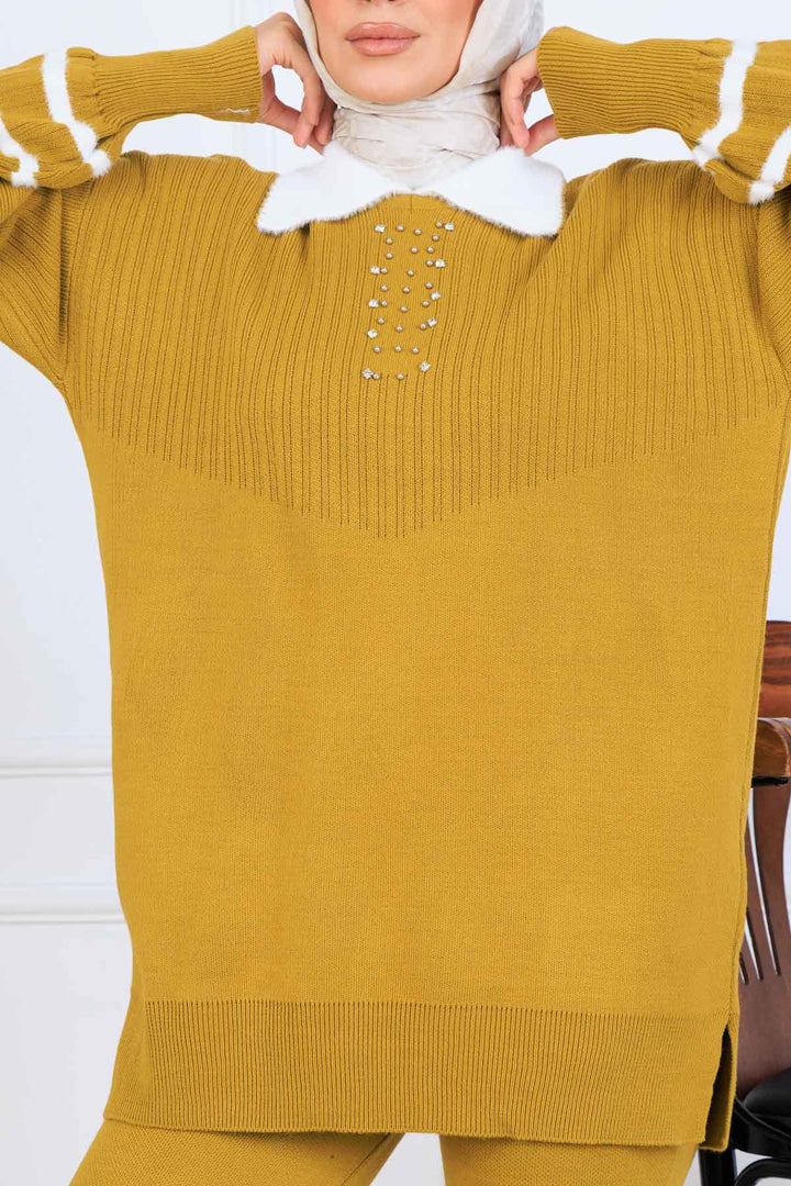 BNG Women Taş İşlemeli Triko Takım S1009 Yağ Yeşili - Garland