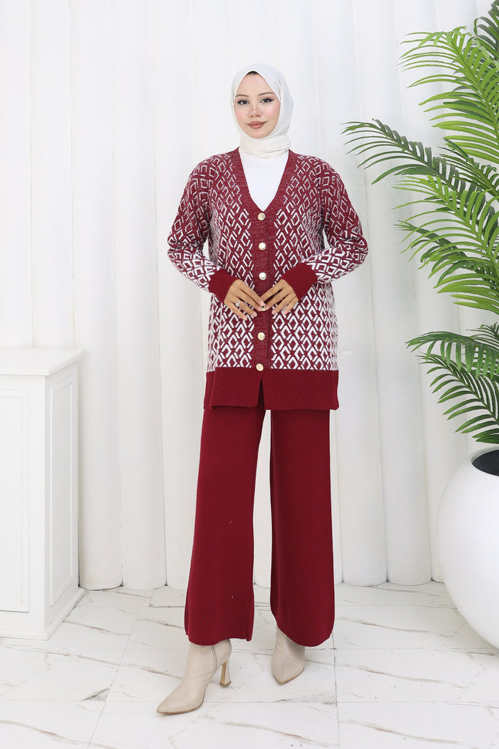 BNG Women Patterned Knit Cardigan Set S1044 Burgundy - Koblenz