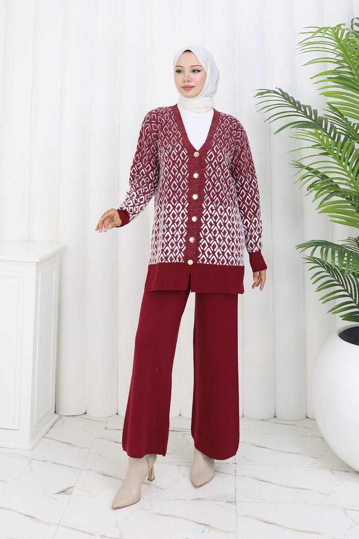 BNG Women Patterned Knit Cardigan Set S1044 Burgundy - Koblenz