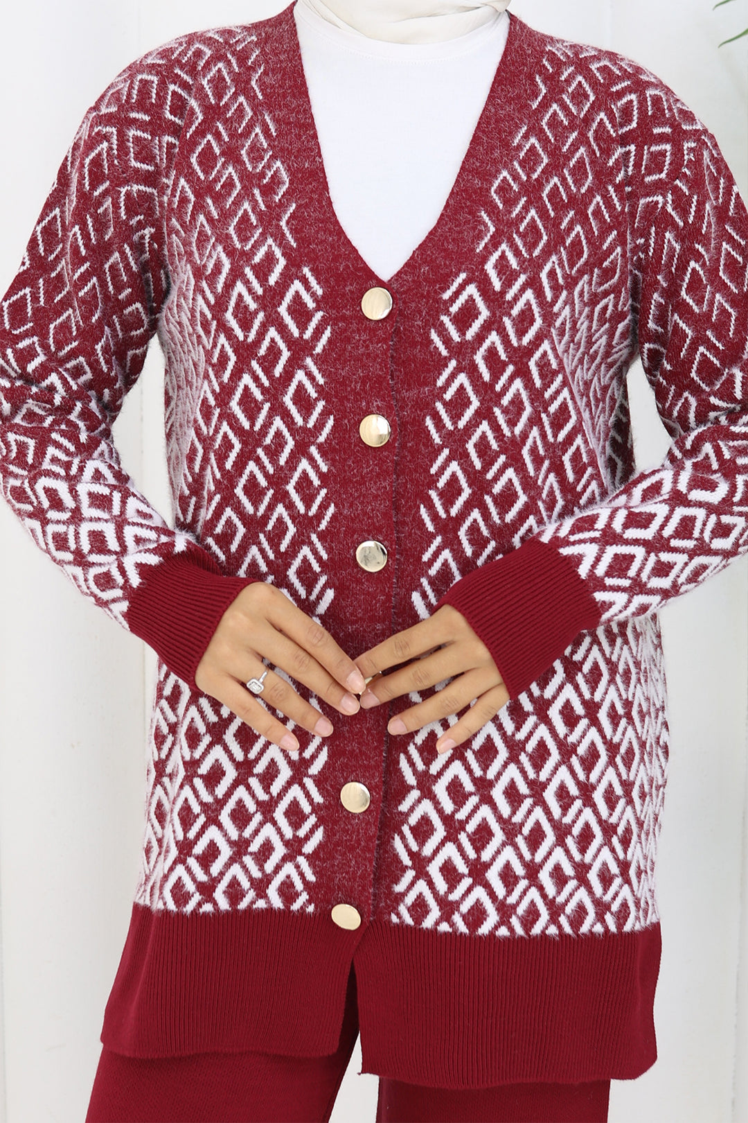 BNG Women Patterned Knit Cardigan Set S1044 Burgundy - Koblenz