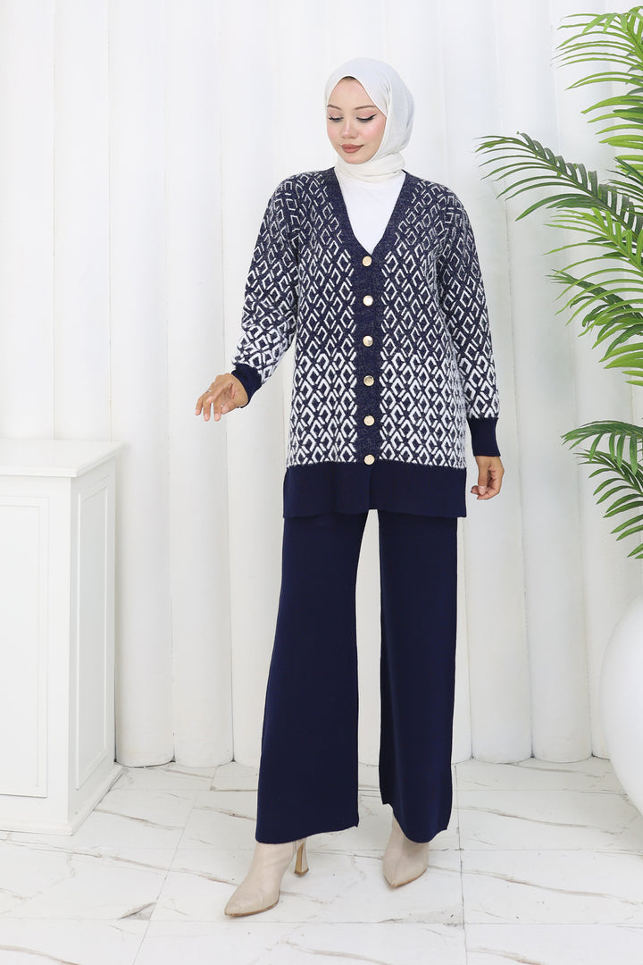 BNG Women Patterned Knit Cardigan Set S1044 Navy - San Juan