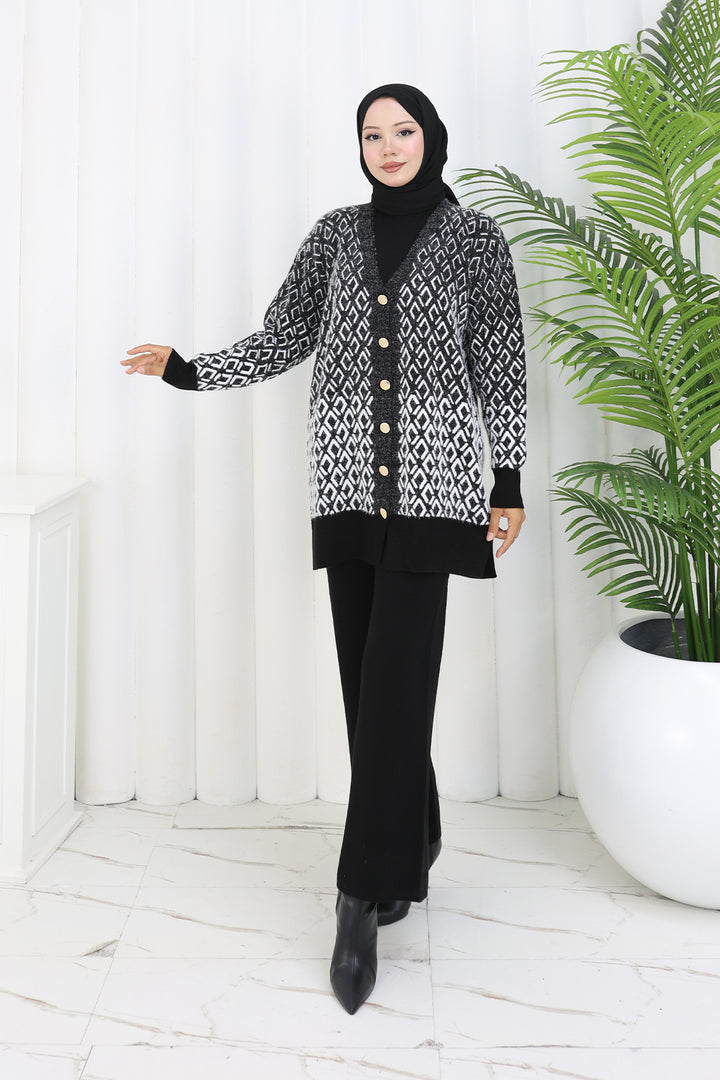 BNG Women Patterned Knit Cardigan Set S1044 Black - Playa del Carmen