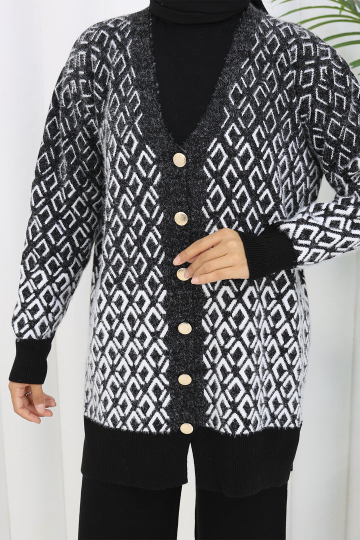 BNG Women Patterned Knit Cardigan Set S1044 Black - Playa del Carmen