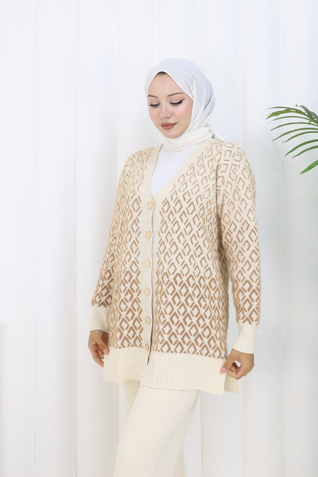 BNG Women Patterned Knit Cardigan Set S1044 Stone Color - Evere