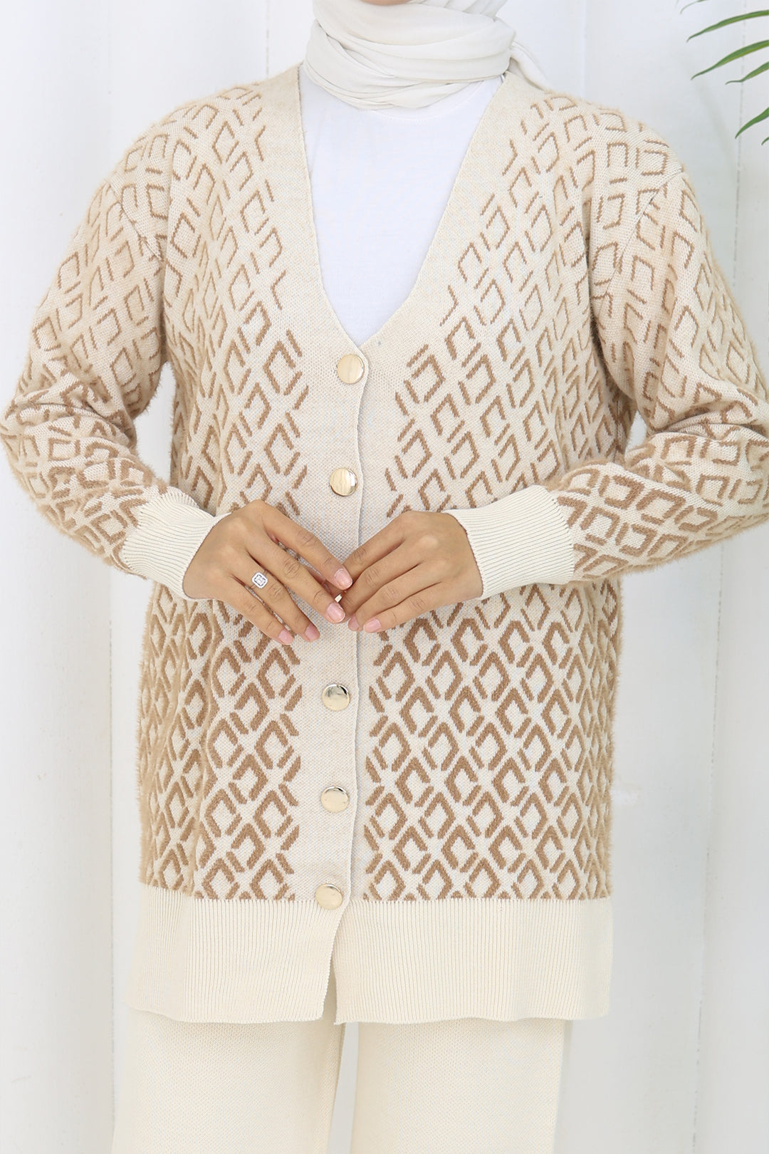 BNG Women Patterned Knit Cardigan Set S1044 Stone Color - Evere