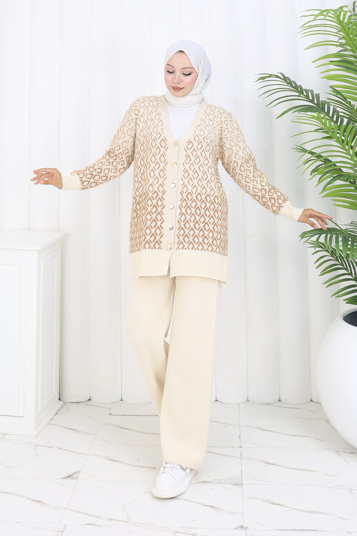 BNG Women Patterned Knit Cardigan Set S1044 Stone Color - Evere
