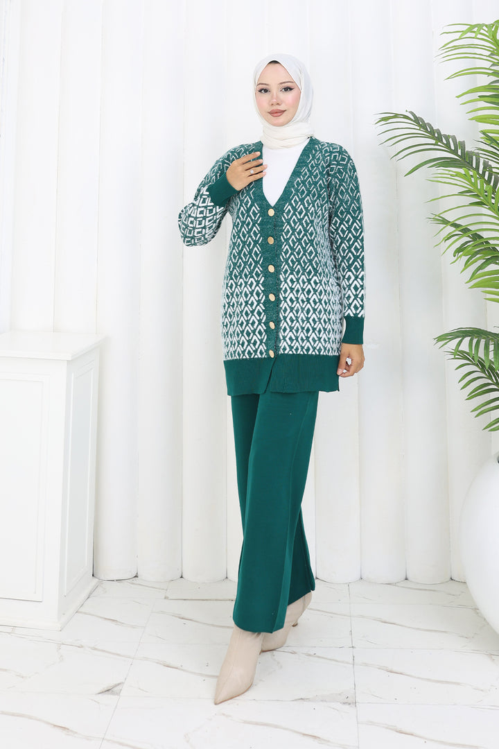 BNG Women Patterned Knit Cardigan Set S1044 Emerald Green - Miercurea-Ciuc