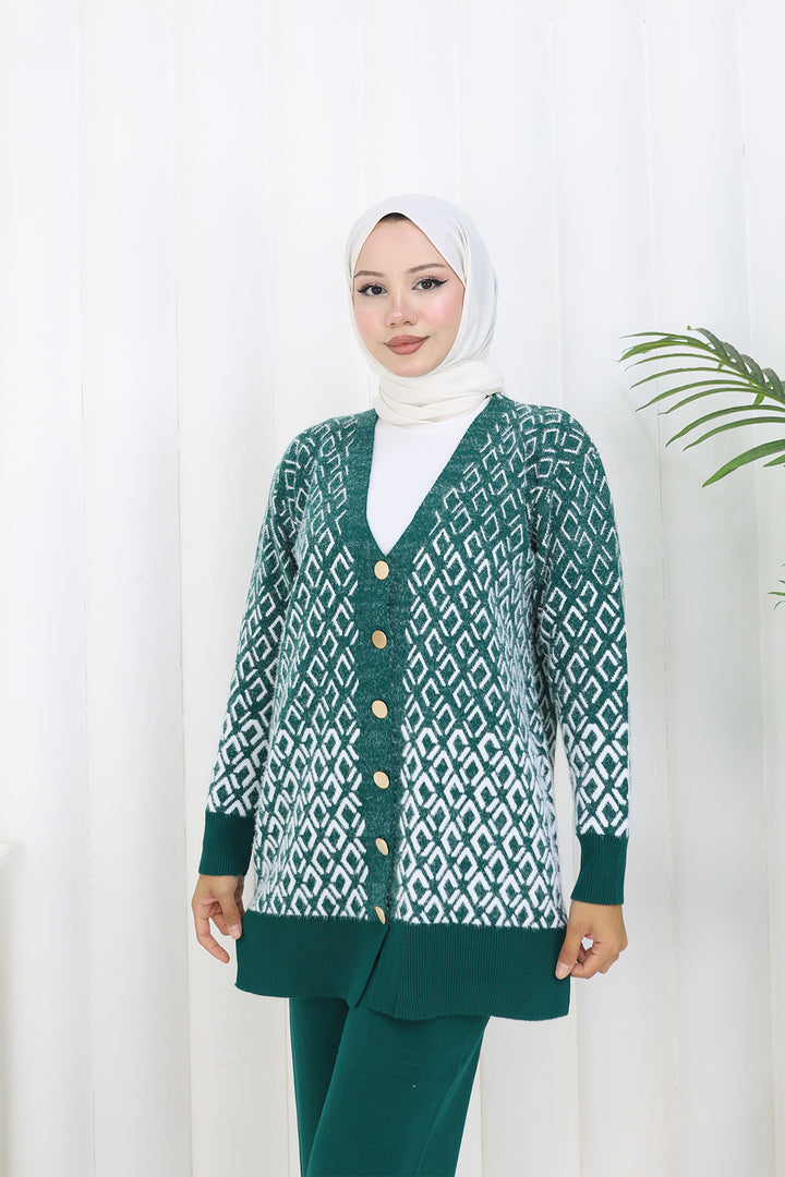 BNG Women Patterned Knit Cardigan Set S1044 Emerald Green - Miercurea-Ciuc