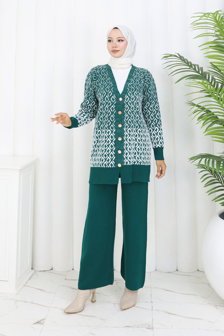 BNG Women Patterned Knit Cardigan Set S1044 Emerald Green - Miercurea-Ciuc