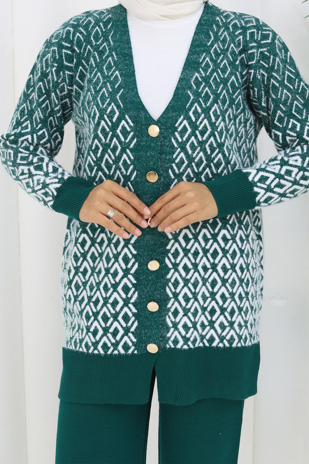 BNG Women Patterned Knit Cardigan Set S1044 Emerald Green - Miercurea-Ciuc