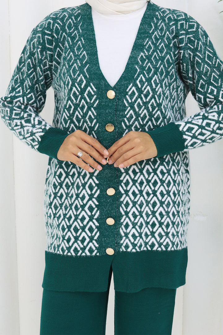 BNG Women Patterned Knit Cardigan Set S1044 Emerald Green - Miercurea-Ciuc