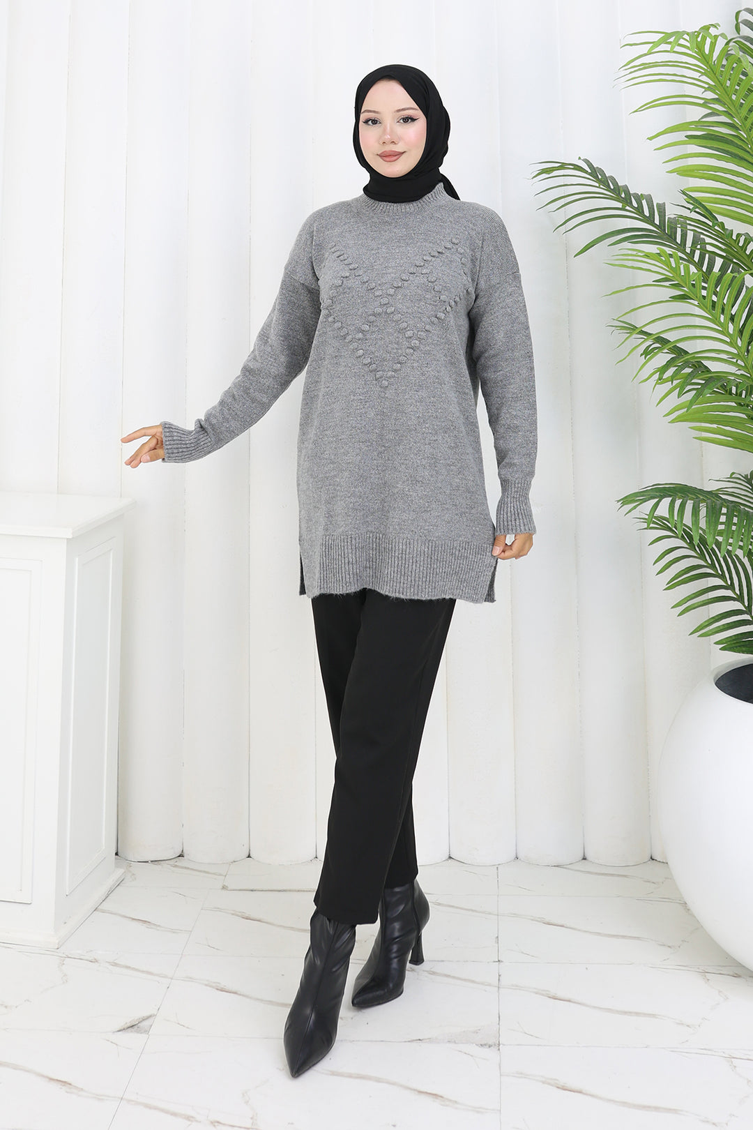 BNG Women Ponponlu Triko Kazak S3023 Gri - Kokomo