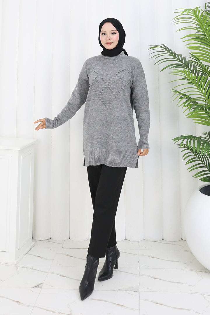 BNG Women Ponponlu Triko Kazak S3023 Gri - Kokomo