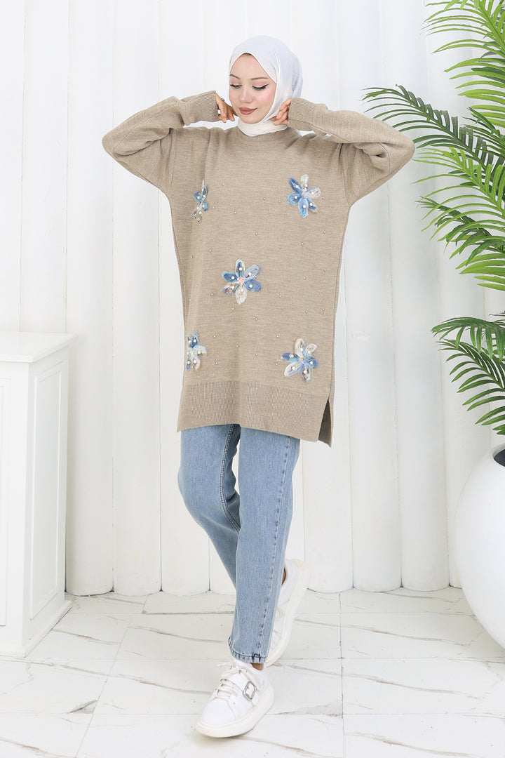 BNG Women Floral Knit Tunic S3010 Beige - Marina di Carrara