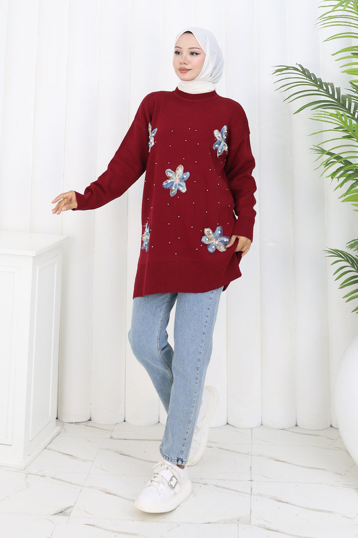 BNG Women Floral Knit Tunic S3010 Burgundy - Viersen