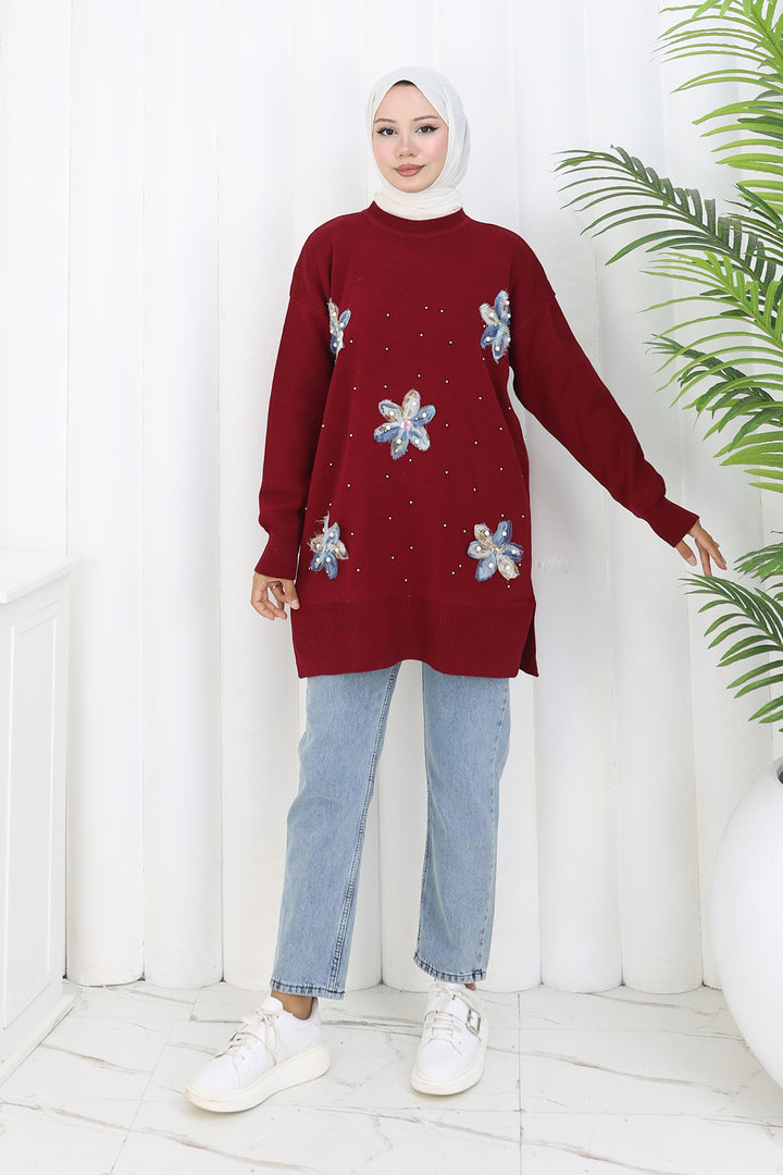BNG Women Floral Knit Tunic S3010 Burgundy - Viersen