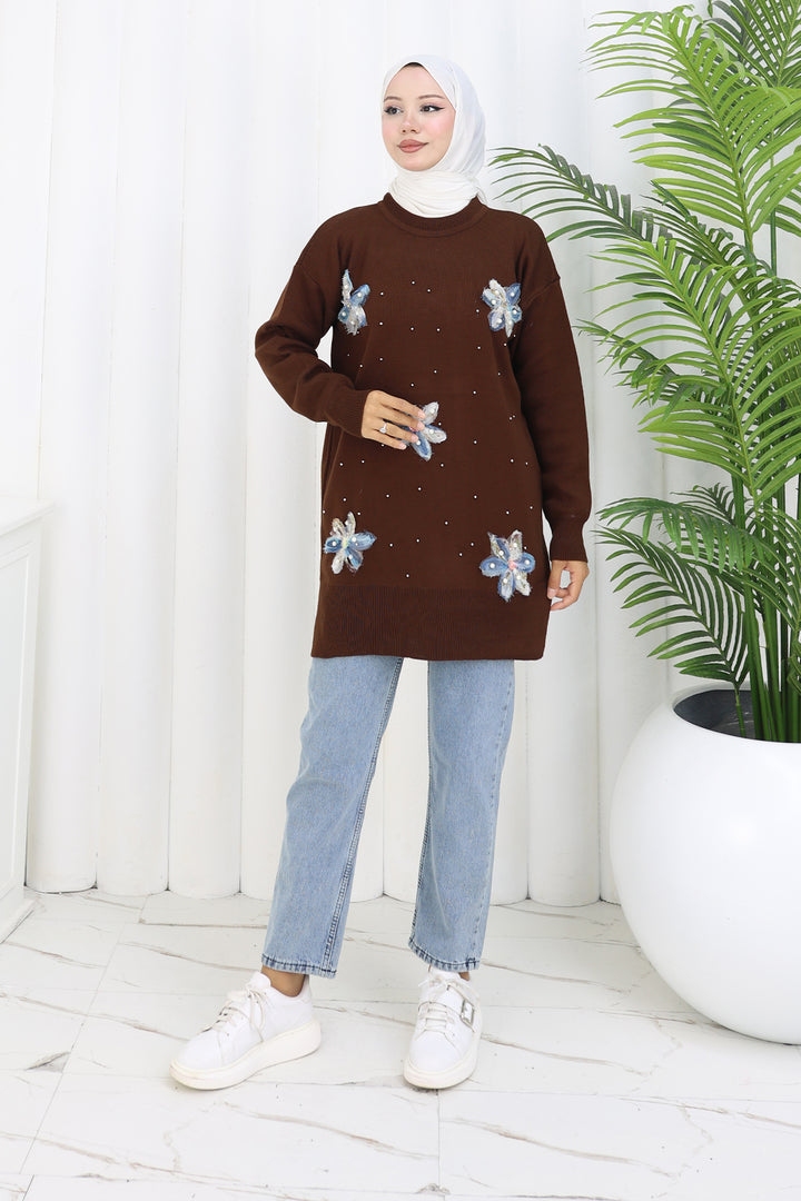 BNG Women Floral Knit Tunic S3010 Brown - Pinellas Park