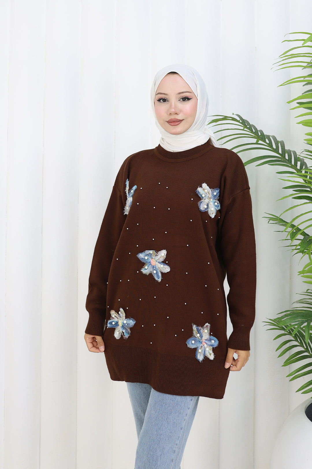 BNG Women Floral Knit Tunic S3010 Brown - Pinellas Park