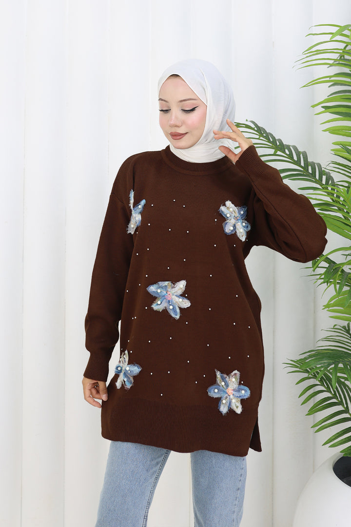 BNG Women Floral Knit Tunic S3010 Brown - Pinellas Park