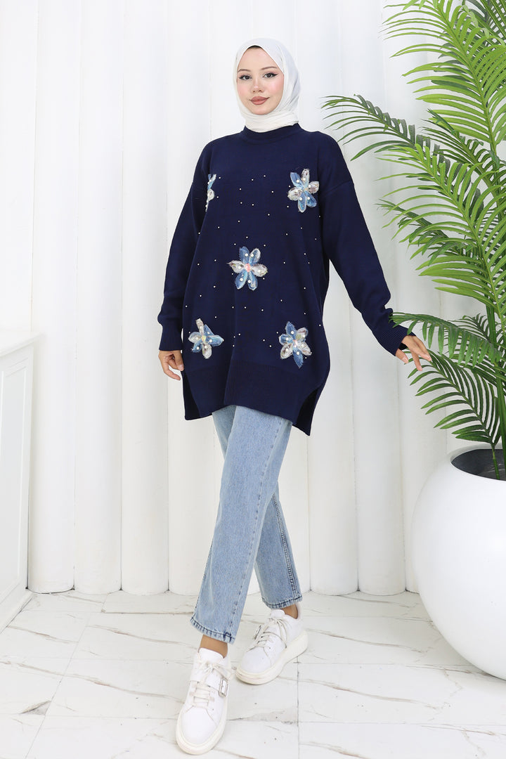 BNG Women Floral Knit Tunic S3010 Navy Blue - Schagen