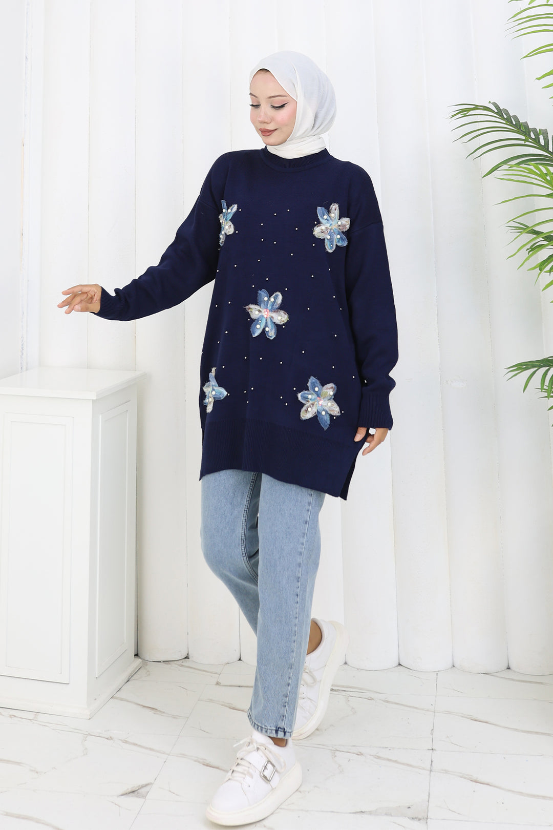BNG Women Floral Knit Tunic S3010 Navy Blue - Schagen