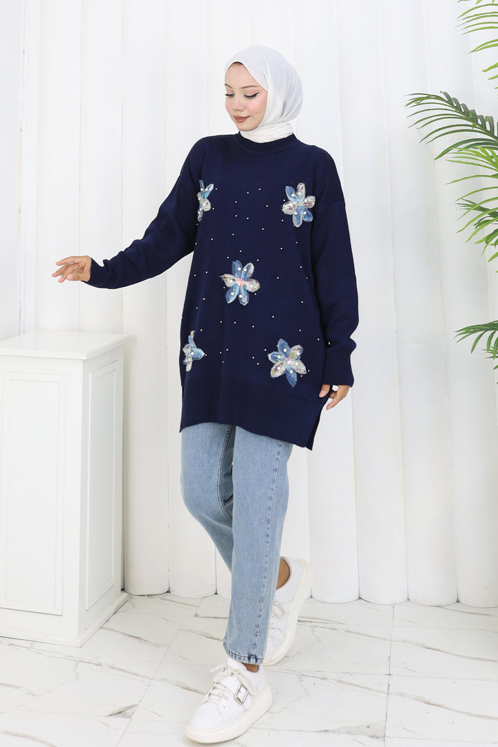 BNG Women Floral Knit Tunic S3010 Navy Blue - Schagen