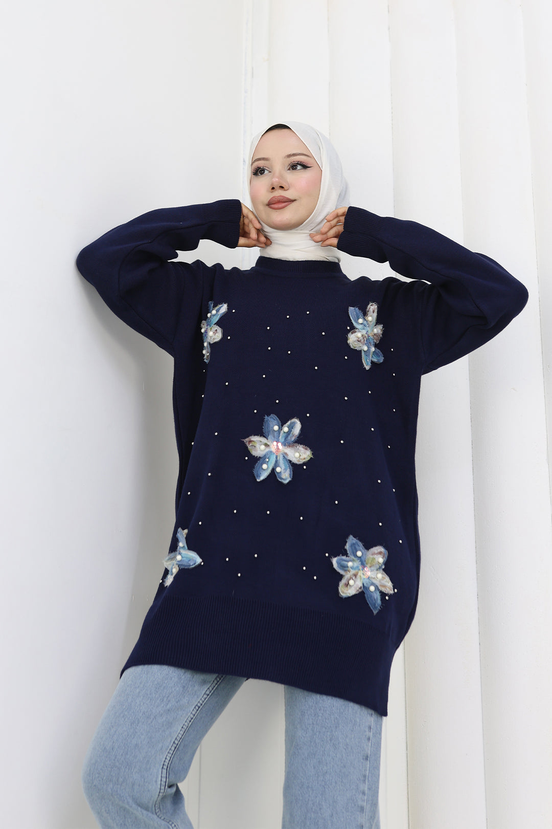 BNG Women Floral Knit Tunic S3010 Navy Blue - Schagen