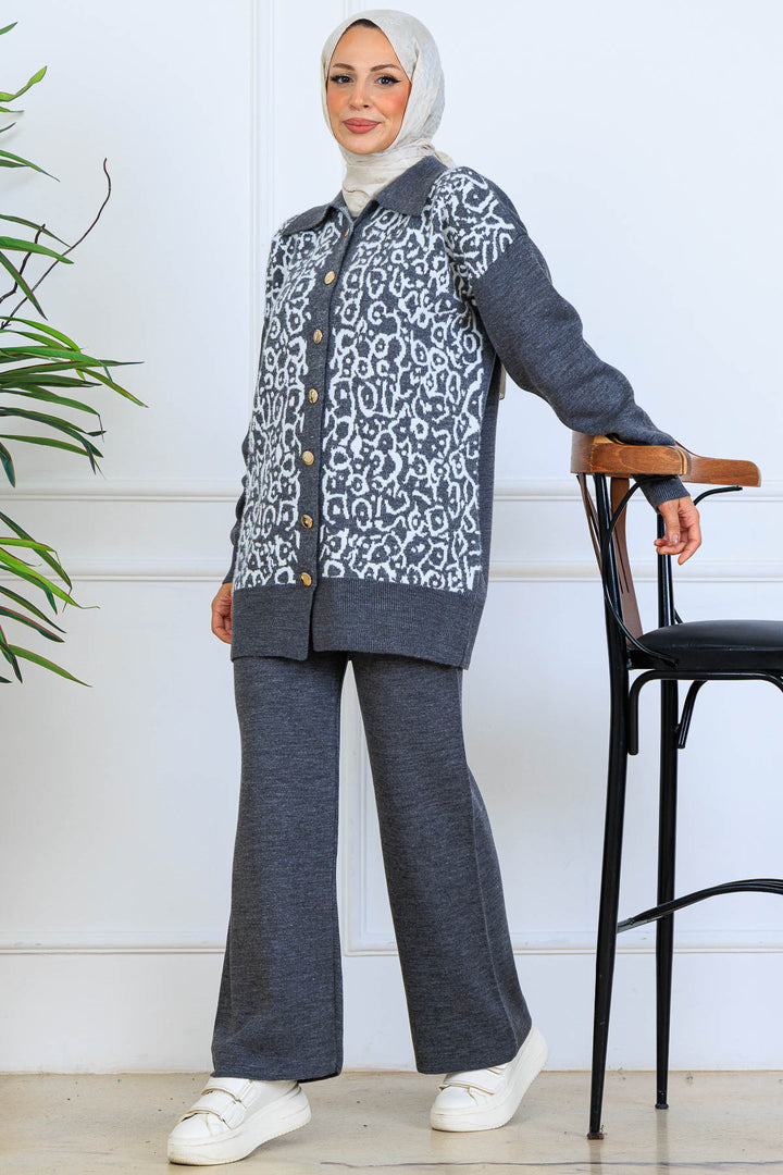 BNG Women Patterned Knitwear Set with Button Detail S1124 Anthracite - Shrewsbury