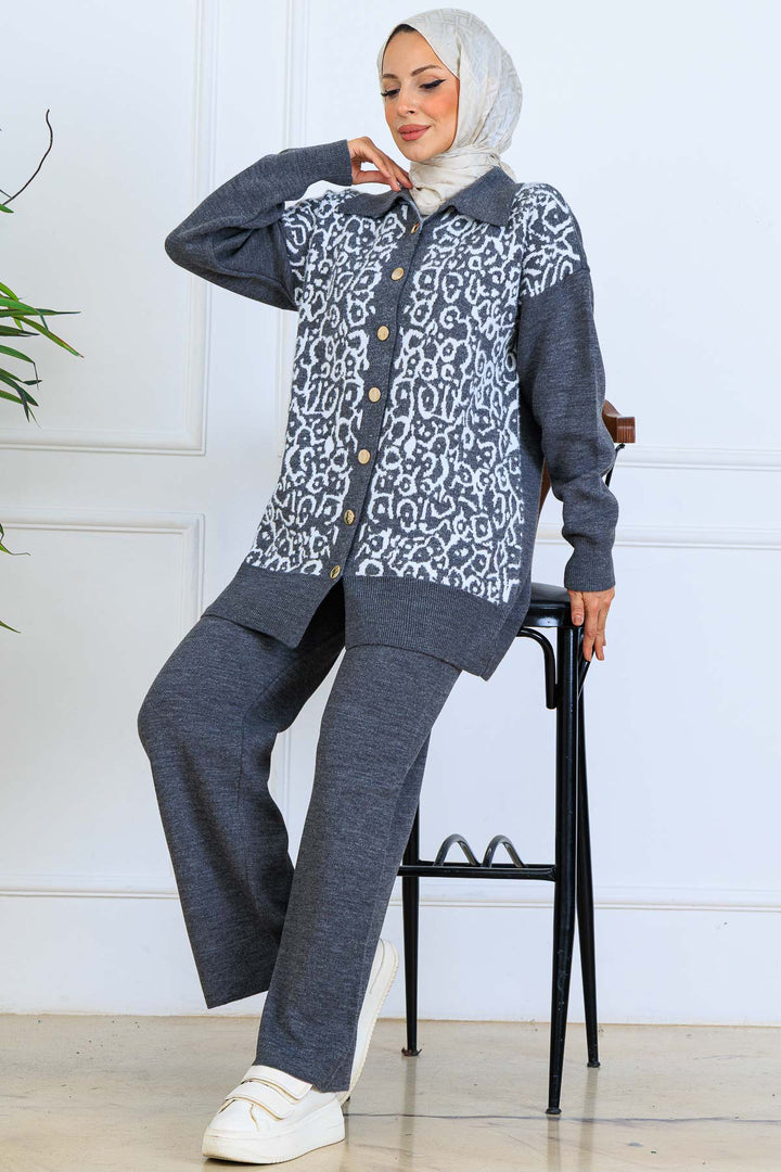 BNG Women Patterned Knitwear Set with Button Detail S1124 Anthracite - Shrewsbury