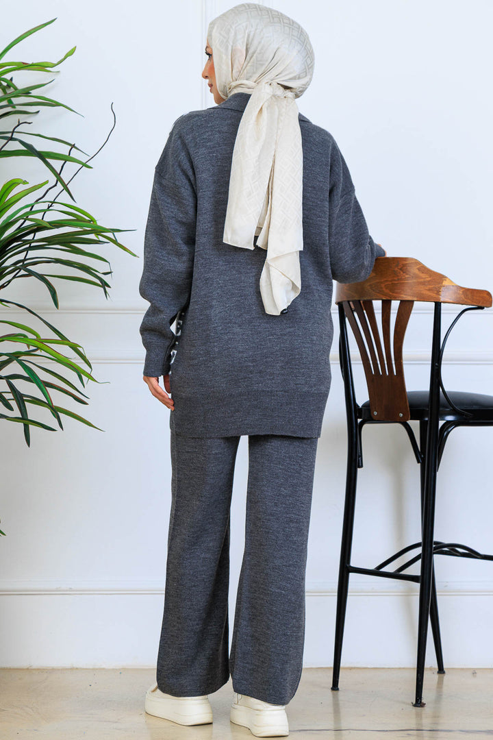 BNG Women Patterned Knitwear Set with Button Detail S1124 Anthracite - Shrewsbury