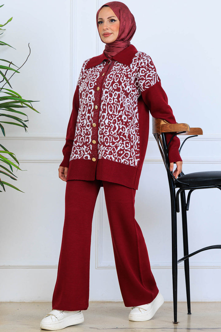 BNG Women Patterned Knit Suit with Button Detail S1124 Burgundy - Independence