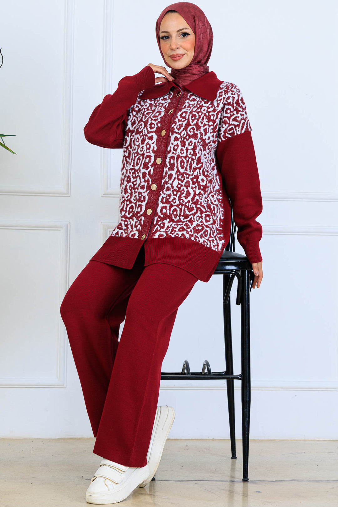 BNG Women Patterned Knit Suit with Button Detail S1124 Burgundy - Independence