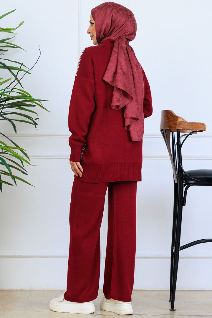 BNG Women Patterned Knit Suit with Button Detail S1124 Burgundy - Independence
