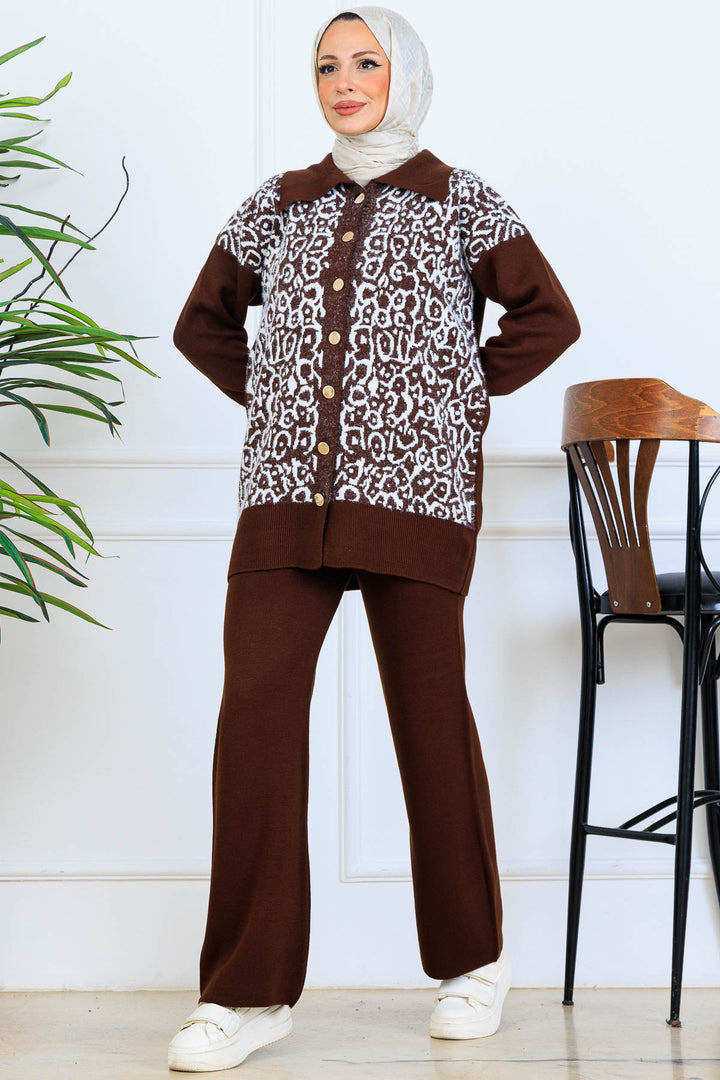 BNG Women Patterned Knit Suit with Button Detail S1124 Brown - Victoriaville