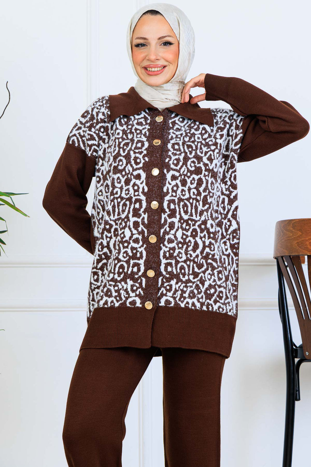 BNG Women Patterned Knitwear Set with Button Detail S1124 Brown - Lyon