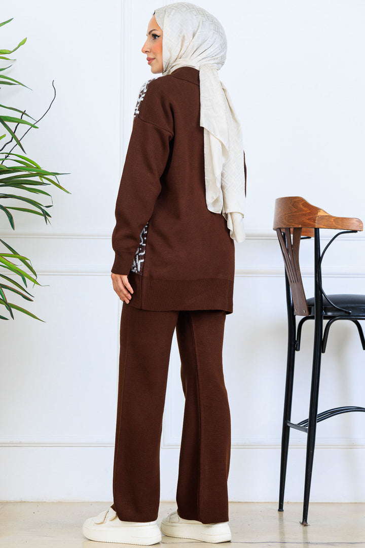 BNG Women Patterned Knit Suit with Button Detail S1124 Brown - Victoriaville