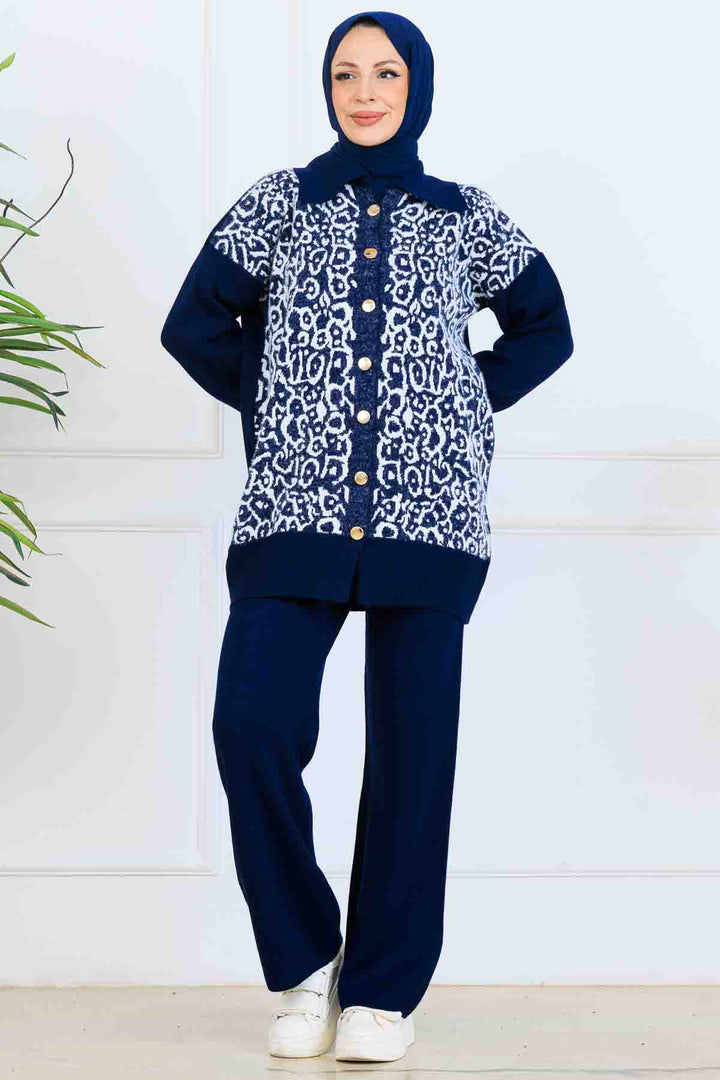 BNG Women Patterned Knit Suit with Button Detail S1124 Navy - Longueuil