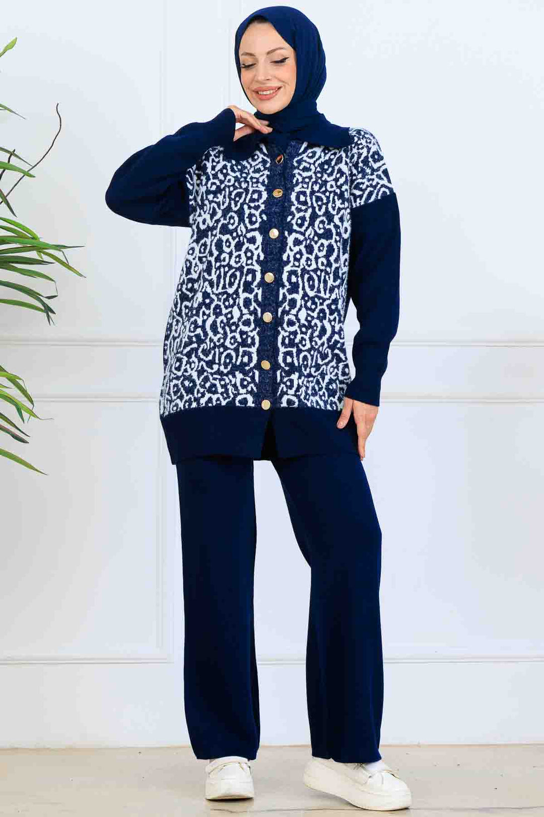 BNG Women Patterned Knit Suit with Button Detail S1124 Navy - Longueuil