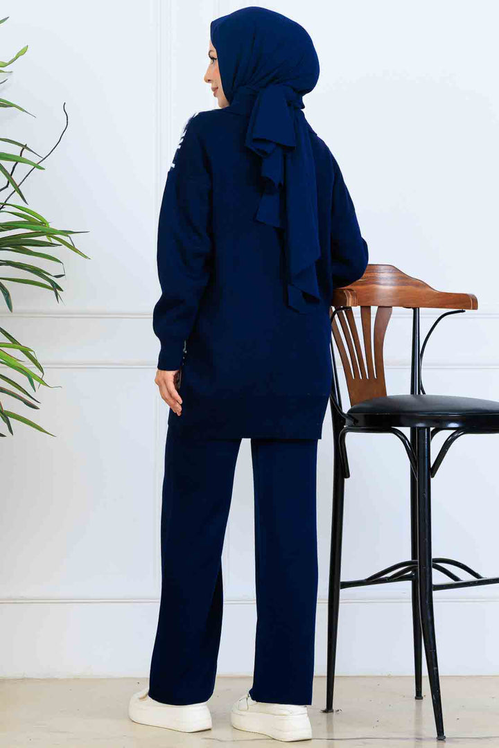 BNG Women Patterned Knit Suit with Button Detail S1124 Navy - Longueuil