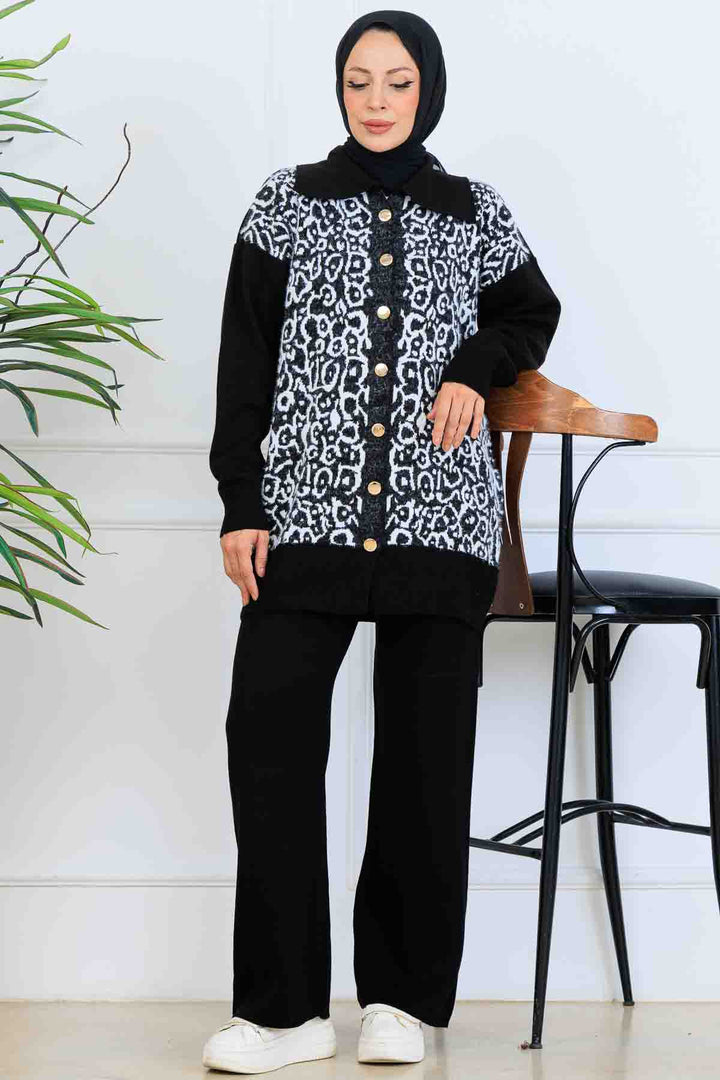 BNG Women Patterned Knitwear Set with Button Detail S1124 Black - Aliso Viejo