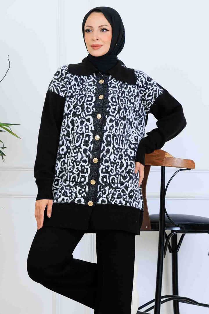 BNG Women Patterned Knitwear Set with Button Detail S1124 Black - Aliso Viejo